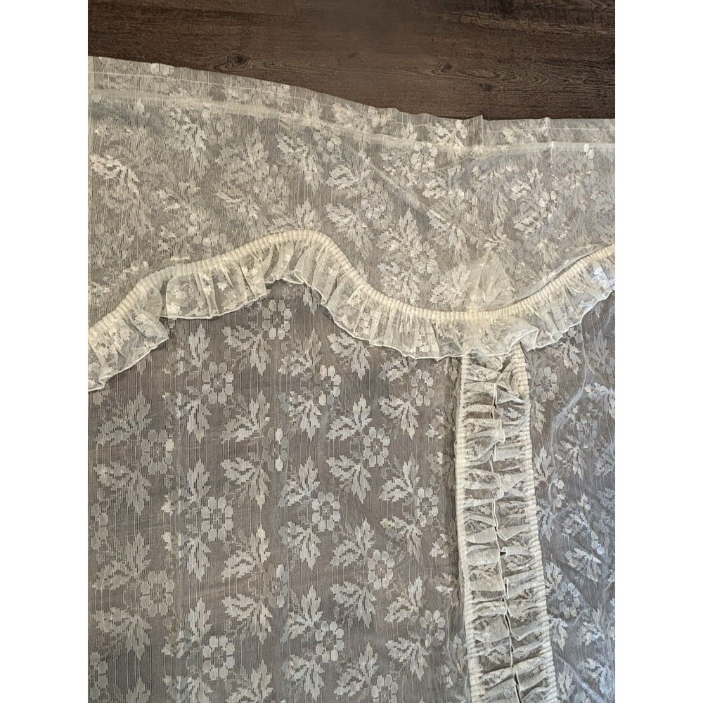Vtg Ivory Floral Lace Curtain Ruffled Edges Attached Valance 58x84 Cottage Core - Picture 10 of 16